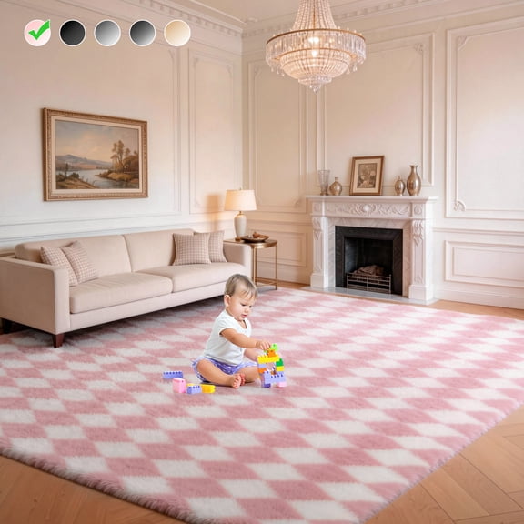 CozyDesg Large Rugs,8'x10' Soft Fluffy Shag Indoor Floor Carpet for Living Room Bedroom Dining Room Office Home Decor,Pink & White