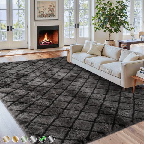 CozyDesg Shag Area Rugs,8'x10' Soft Fluffy Shaggy Carpet for Living Room,Large Rug for Bedroom Dining Room Home Decor Room Decor,Dark Gray & Black