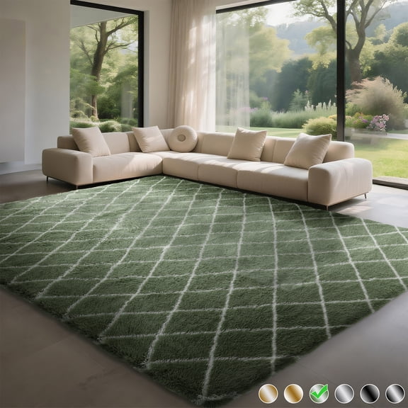CozyDesg Shag Area Rugs,8'x10' Soft Fluffy Shaggy Carpet for Living Room,Large Rug for Bedroom Dining Room Home Decor Room Decor,Green & White
