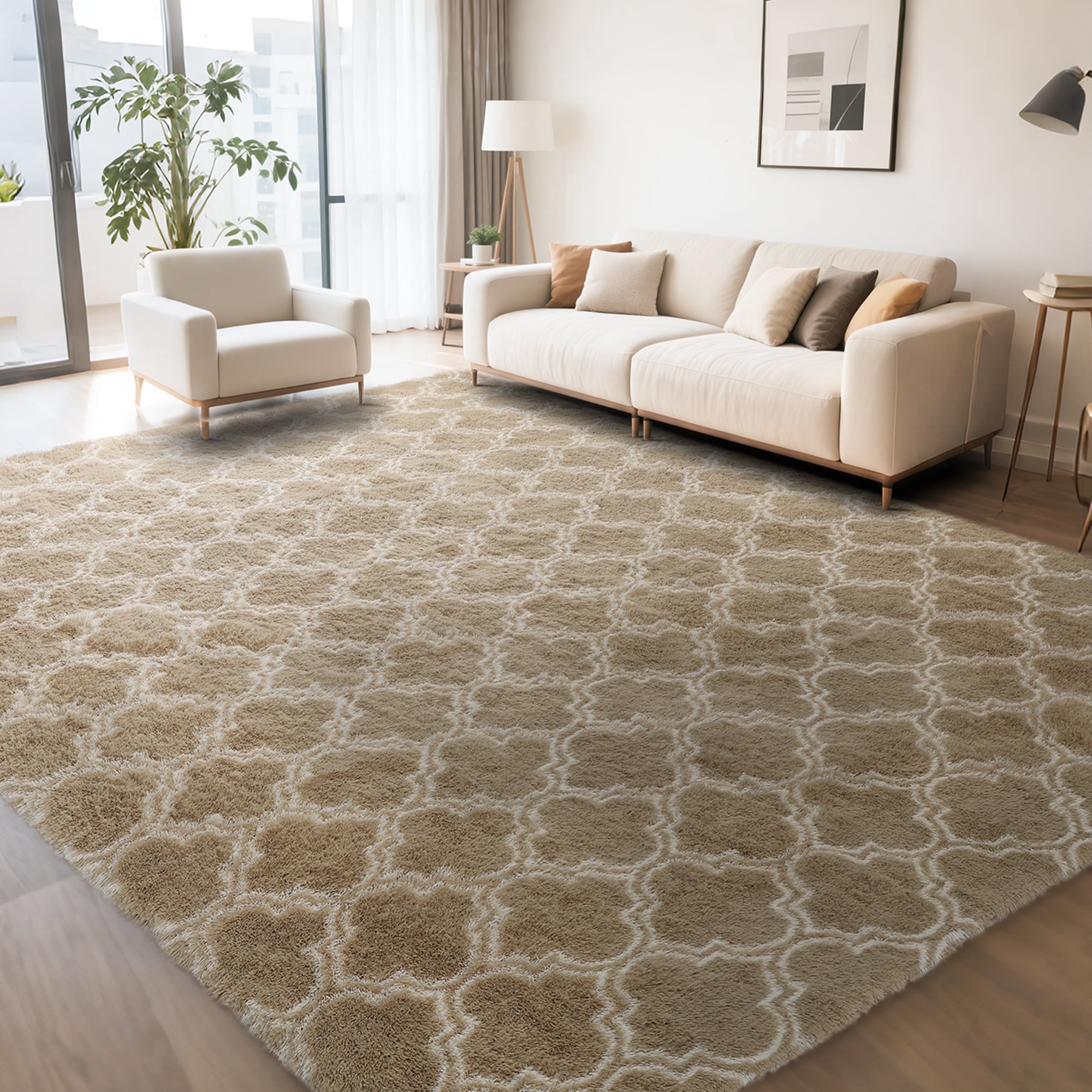 CozyDesg 8'x10' Area Rugs for Living Room，Black Rugs Shag Fluffy Shaggy Bedside Carpet, Large rug for Living Room Bedroom Dining Room Office Home Decor,Beige & White