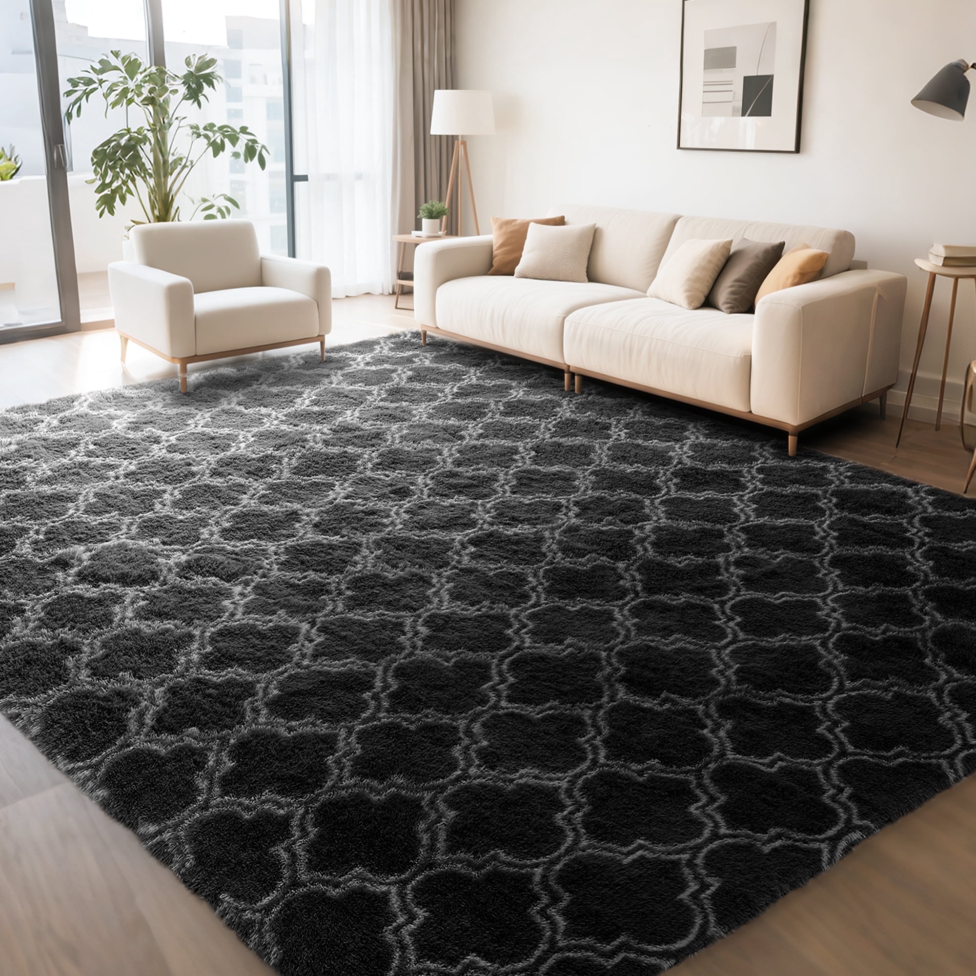 CozyDesg 8'x10' Area Rugs for Living Room，Black Rugs Shag Fluffy Shaggy Bedside Carpet, Large rug for Living Room Bedroom Dining Room Office Home Decor,Black & White