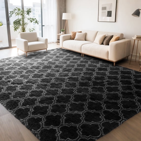 CozyDesg 8'x10' Area Rugs for Living Room,Black Rugs Shag Fluffy Shaggy Bedside Carpet, Large rug for Living Room Bedroom Dining Room Office Home Decor,Black & White