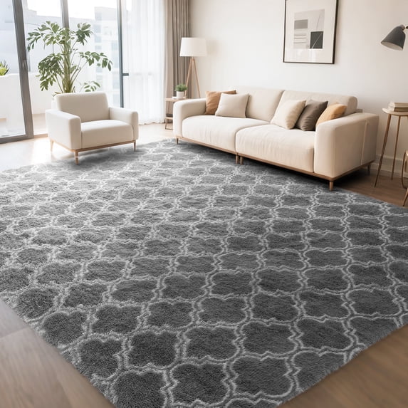 CozyDesg 8'x10' Area Rugs for Living Room,Black Rugs Shag Fluffy Shaggy Bedside Carpet, Large rug for Living Room Bedroom Dining Room Office Home Decor,Dark Gray & White