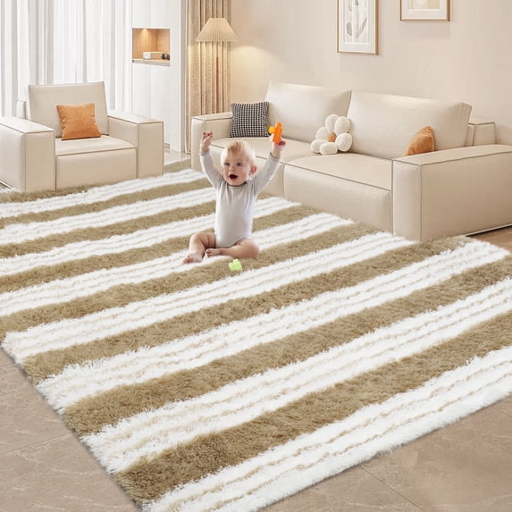 CozyDesg Soft Area Rugs for Living Room Bedroom,Large Rug Fluffy Fuzzy Shag Shaggy Soft Plush Carpet,Indoor Floor Carpet for Dining Room Home Decor,Beige & White