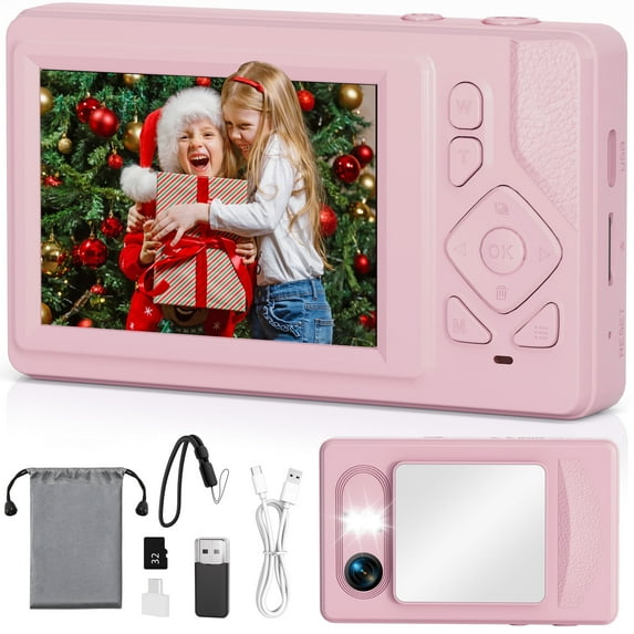 Lookfly Digital Camera,FHD 1080P Point and Shoot Kids Camera,Camera for Photography with 32GB Card ,18X Zoom Anti Shake,48MP,Compact Small Digital Camera for Boys Girls Kids,Pink