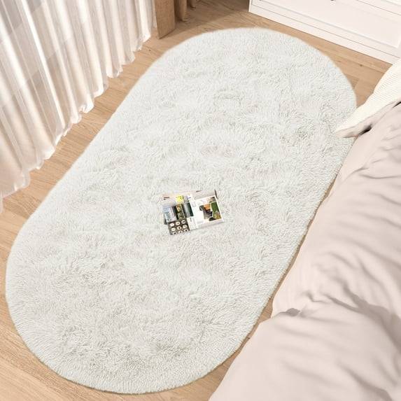 CozyDesg Oval Area Rugs,Ultra Soft Modern Throw Rugs for Bedroom,Small Area Rugs,2.6*5.3ft Shag Fluffy Carpet for Bedside Home Decor,Beige White