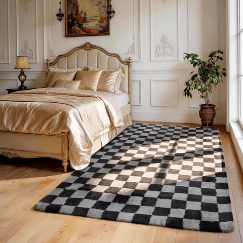 CozyDesg Shag Area Rugs,4'x6' Soft Fluffy Floor Rugs Checkered Carpet,Washable Area Rugs for Living Room Bedroom Decor,Black & Grey