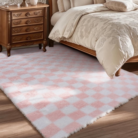 CozyDesg Shag Area Rugs,4'x6' Soft Fluffy Floor Rugs Checkered Carpet,Washable Area Rugs for Living Room Bedroom Decor,Pink & White
