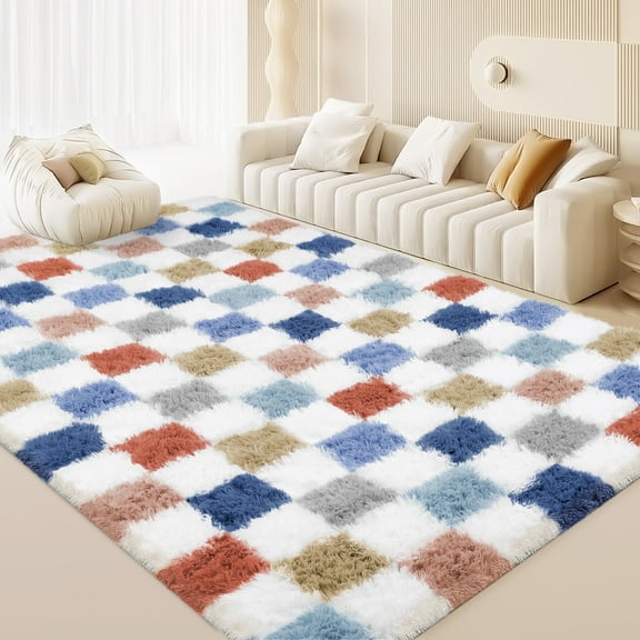 CozyDesg Shag Area Rugs, 5'x8' Soft Fluffy Floor Rugs Checkered Carpet,Washable Area Rugs for Living Room Bedroom Decor,Colorful