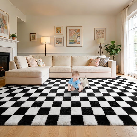 CozyDesg Shag Area Rugs,5'x8' Soft Fluffy Floor Rugs Checkered Carpet,Washable Area Rugs for Living Room Bedroom Decor,Black & White