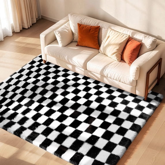 CozyDesg Shag Area Rugs,5'x8' Soft Fluffy Floor Rugs Checkered Carpet,Washable Area Rugs for Living Room Bedroom Decor,Black & White