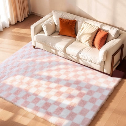 CozyDesg Shag Area Rugs,5'x8' Soft Fluffy Floor Rugs Checkered Carpet，Washable Area Rugs for Living Room Bedroom Decor,Pink & White