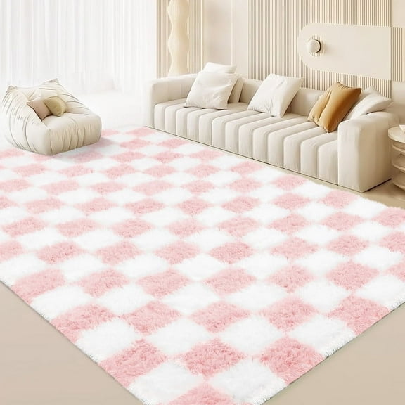 CozyDesg Shag Area Rugs,5'x8' Soft Fluffy Floor Rugs Checkered Carpet，Washable Area Rugs for Living Room Bedroom Decor,Pink & White