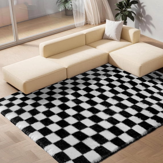 CozyDesg Shag Area Rugs,6'x9' Soft Fluffy Floor Rugs Checkered Carpet,Washable Area Rugs for Living Room Bedroom Decor,Black & White