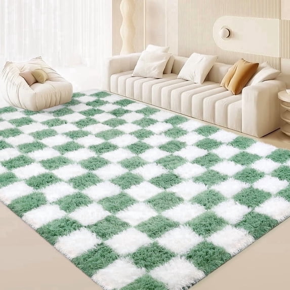 CozyDesg Shag Area Rugs, 8'x10' Soft Fluffy Floor Rugs Checkered Carpet,Washable Area Rugs for Living Room Bedroom Decor,Light Green & White