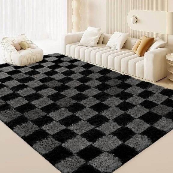 CozyDesg Shag Area Rugs, 8'x10' Soft Fluffy Floor Rugs Checkered Carpet,Washable Area Rugs for Living Room Bedroom Decor,Black & Grey