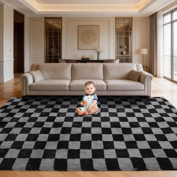 CozyDesg Shag Area Rugs, 8'x10' Soft Fluffy Floor Rugs Checkered Carpet，Washable Area Rugs for Living Room Bedroom Decor,Black & Grey