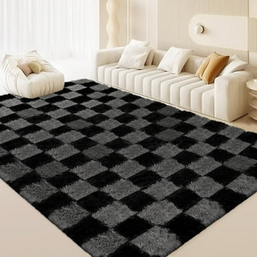 CozyDesg Shag Area Rugs, 8'x10' Soft Fluffy Floor Rugs Checkered Carpet，Washable Area Rugs for Living Room Bedroom Decor,Black & Grey