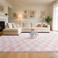 thumbnail image 1 of CozyDesg Shag Area Rugs, 8'x10' ft Soft Fluffy Floor Rugs Checkered Carpet，Washable Area Rugs for Living Room Bedroom Decor,Pink & White, 1 of 7