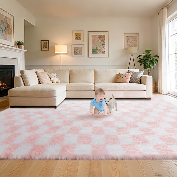 CozyDesg Shag Area Rugs, 8'x10' ft Soft Fluffy Floor Rugs Checkered Carpet，Washable Area Rugs for Living Room Bedroom Decor,Pink & White