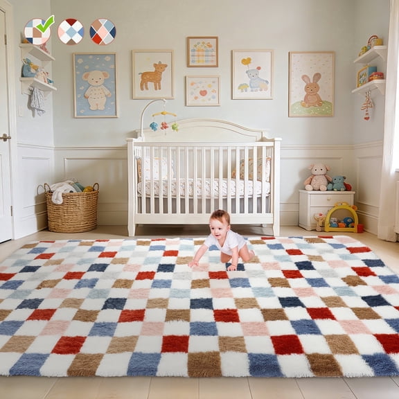 CozyDesg Shag Area Rugs, 8'x10' Soft Fluffy Floor Rugs Checkered Carpet,Washable Area Rugs for Living Room Bedroom Decor,Colorful C