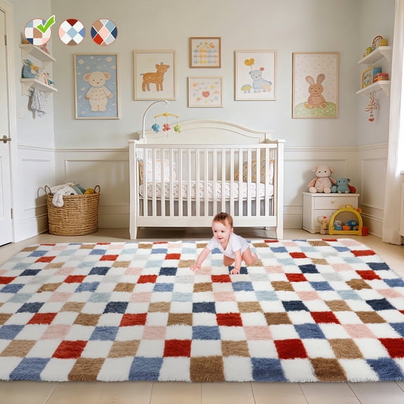 CozyDesg Shag Area Rugs, 8'x10' Soft Fluffy Floor Rugs Checkered Carpet,Washable Area Rugs for Living Room Bedroom Decor,Colorful C