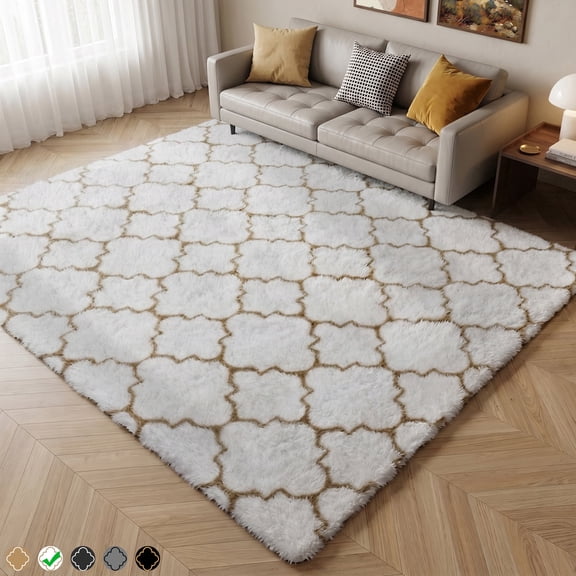 CozyDesg 6ftx9ft Area Rugs for Living Room,Shag Fluffy Large Rugs,Soft Modern Carpets for Bedroom Dinging Room Office Indoor Decor,White & Beige