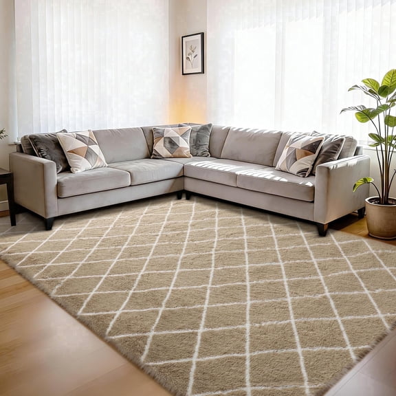 CozyDesg Soft Fluffy Shag Area Rug 4x6 ft, Plush Carpet for Living Room Bedroom, Beige & White Decorative Rug