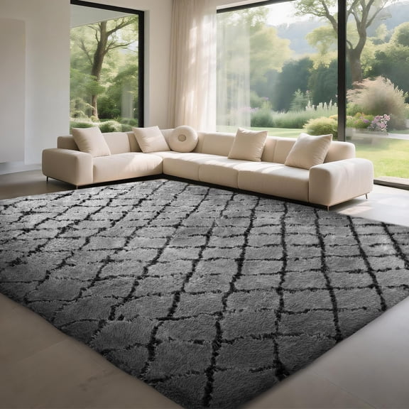 CozyDesg Soft Fluffy Shag Area Rug 4x6 ft, Plush Carpet for Living Room Bedroom, Dark Gray & Black Decorative Rug