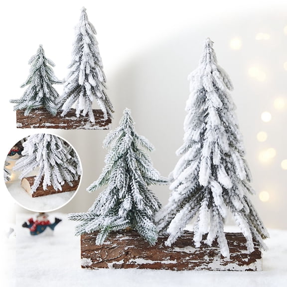 CozyFiel Mini Flocked Pine Trees Set of 2, Frosted Snow Tabletop Trees on Wooden Log Base for Decor