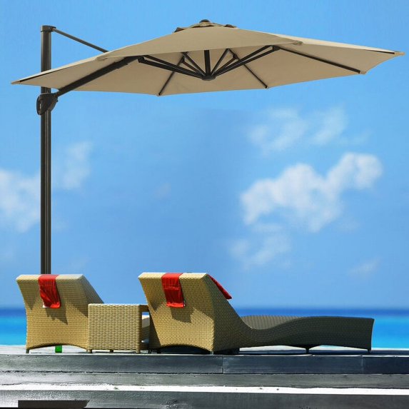 CozyHom 11 FT Offset Hanging Outdoor Market Patio Umbrella, Cantilever Umbrella With Base, Big Heavy Duty Base Outside Umbrella, Deluxe Patio Umbrella, 4" Thick Aluminum Pole, Sand