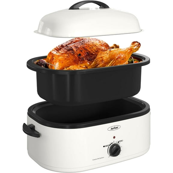 CozyHom 18 Quart Electric Roaster Oven with Self-Basting Lid, Turkey Roaster Oven Buffet with Removable Pan, Cool-Touch Handles, White