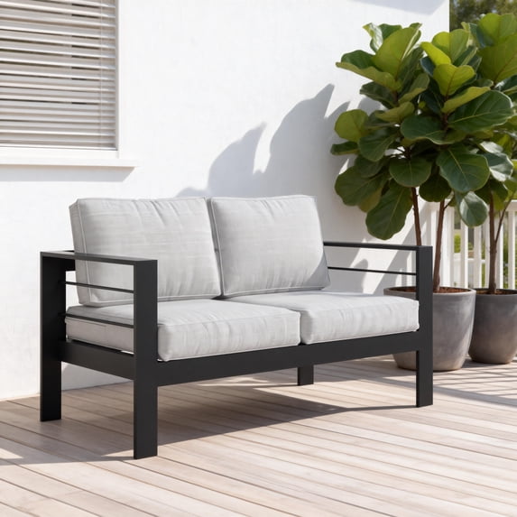 CozyHom 2-Seater Indoor Outdoor Patio Aluminum Armchair Furniture Sofa Sets With Cushions, Cozy Patio Conversation Sofa Chairs For Garden Living Room, Gray