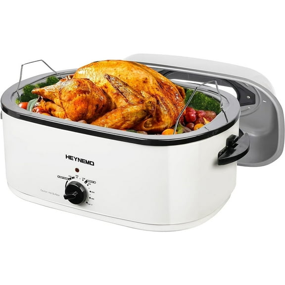 CozyHom 22-Quart Electric Roaster Oven with Visible Self-Basting Lid, Turkey Roaster Oven with Removable Pan and Rack, Perfect for Large Meals and Holiday Feasts, White