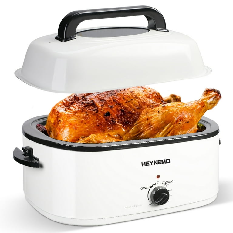 CozyHom 26 Quart Electric Turkey Roaster Oven Stainless Steel Roaster Pan  with Self-Basting Lid Removable Insert Pot, White