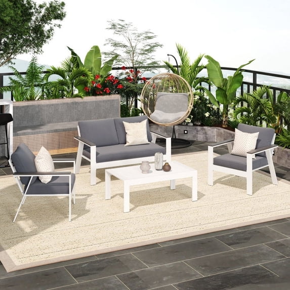 CozyHom 4-Seat Outdoor Patio Aluminum Furniture Sets Sectional Sofa Sets With Cushions, Modern Outside Metal Couch Chairs Sets For Porch&Garden, White