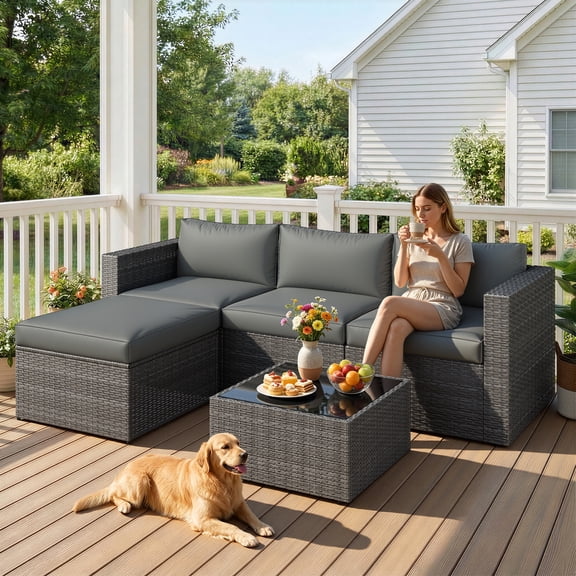 CozyHom 5 PCS Outdoor Patio Wicker Sectional Dining Conversation Set, All Weather Indoor Wicker Sofa Furniture Sets L Shaped Outdoor Couch With Ottoman, Gray