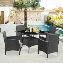 CozyHom 5 Pcs Outdoor Patio Wicker Furniture Dining Table Sets, Sectional Conversation Glass Dining Table Chairs Set for 4 with Umbrella Hole, Grey