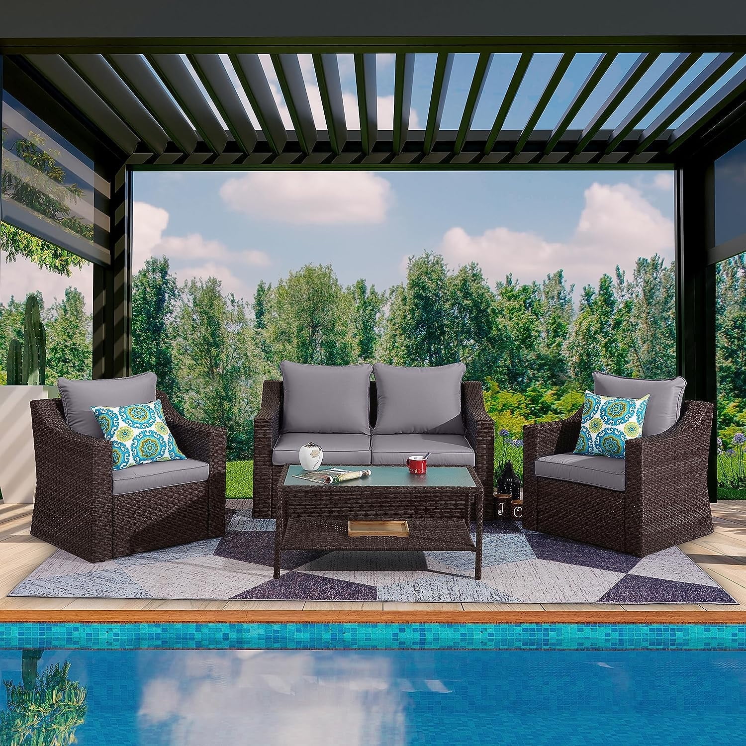 CozyHom 5 Pcs Outdoor Patio Wicker Furniture Sofa Set Clearance Rattan