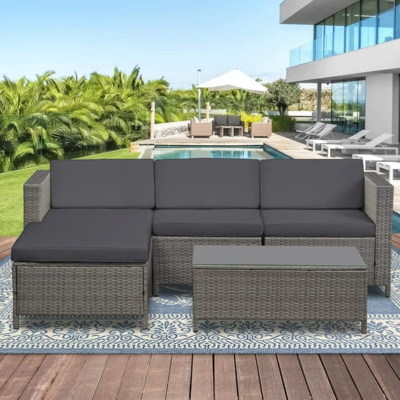 CozyHom 5 Piece Modern Outdoor Seating All Conversation Dining Table Ottoman Wicker Rattan Patio Sectional With Dining Pool Furniture Sofa Lounger, Grey