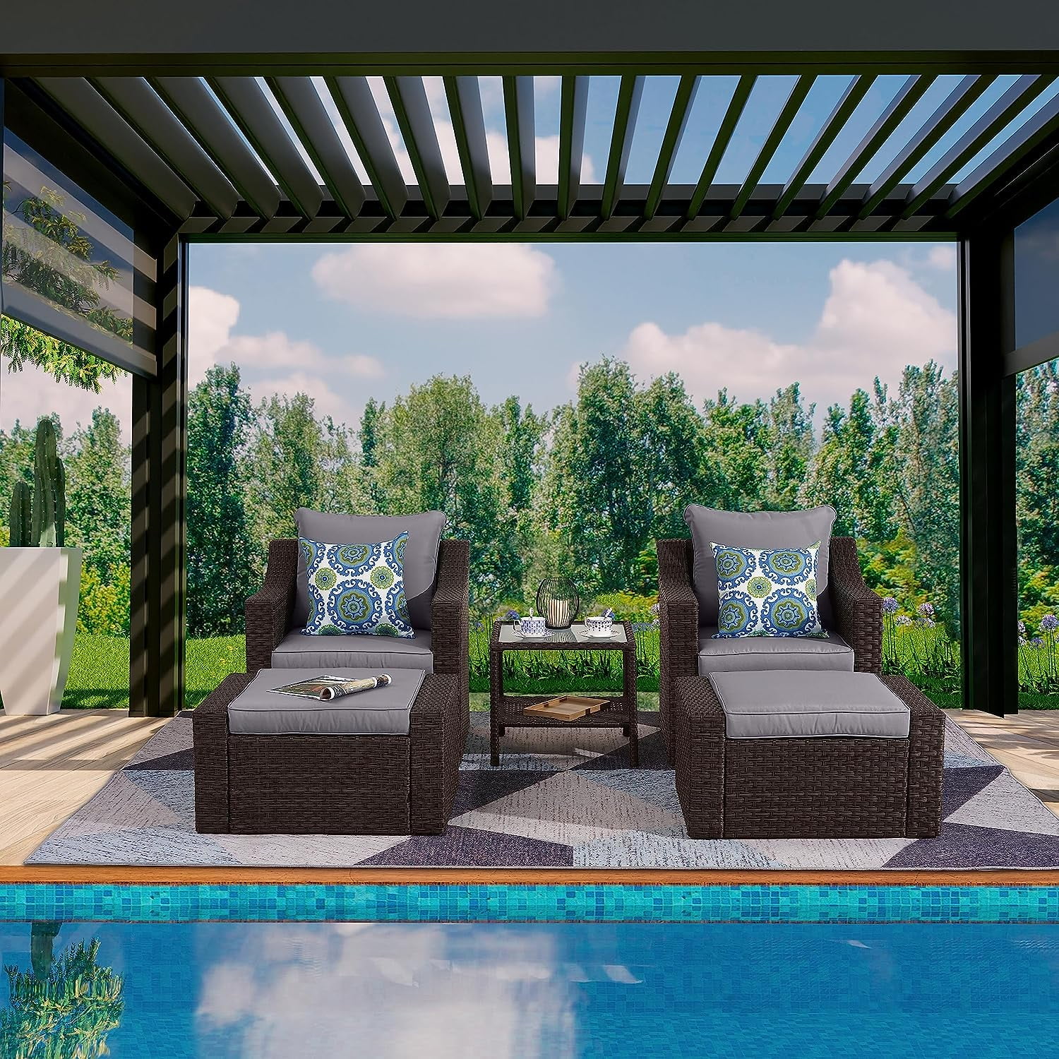 CozyHom 5Piece Pe Wicker Rattan Patio Furniture Set With 2 Cushioned