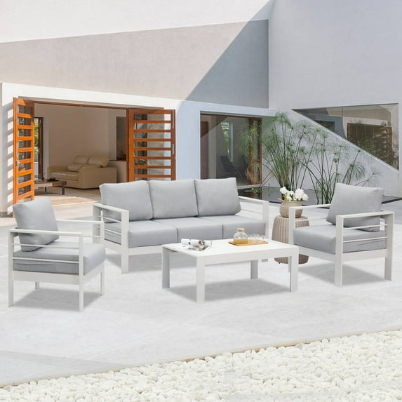 CozyHom 5-Pieces Aluminum Outdoor Conversation Sets with Table And Cushions, White/Light Grey