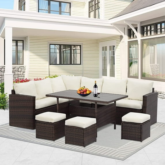 CozyHom 7 Pcs Outdoor Patio PE Wicker Sectional Dining Sofa Furniture Set, Rattan Sectional Conversation Furniture Set With Dining Table, Beige