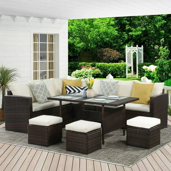 CozyHom 7 Pcs Outdoor Patio Sectional Dining Furniture Sofa Set PE Wicker Rattan Conversation Sectional Couch SetsWith Dining Table and Cushions, Beige
