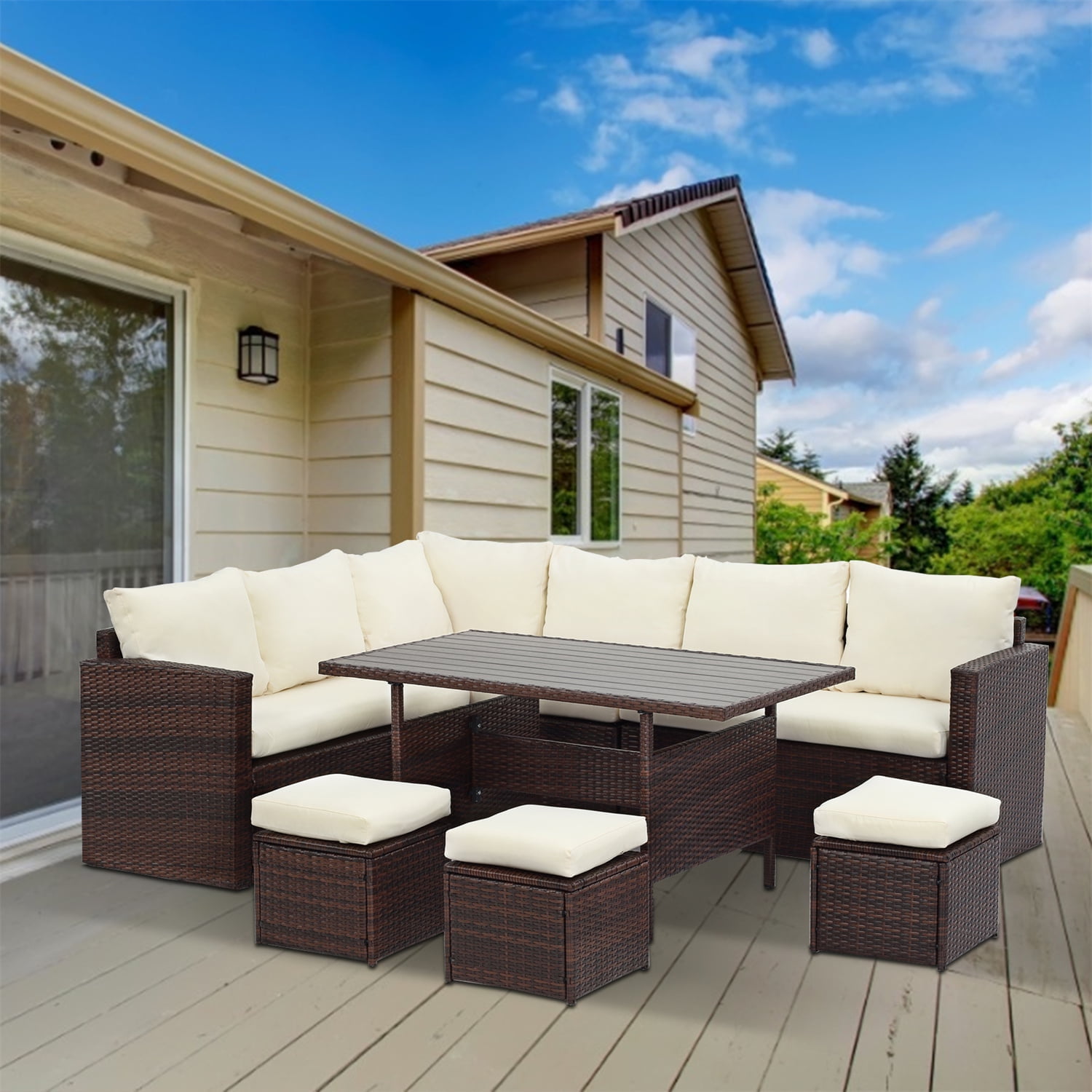 CozyHom 7 Pcs Outdoor Patio Sectional Dining Furniture Sofa Set PE Wicker Rattan Sectional Couch