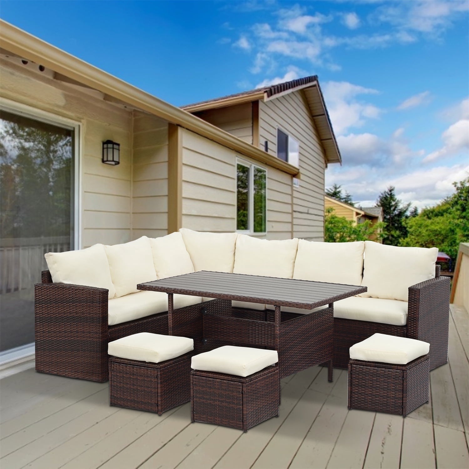 CozyHom 7 Pcs Outdoor Patio Sectional Dining Furniture Sofa Set PE