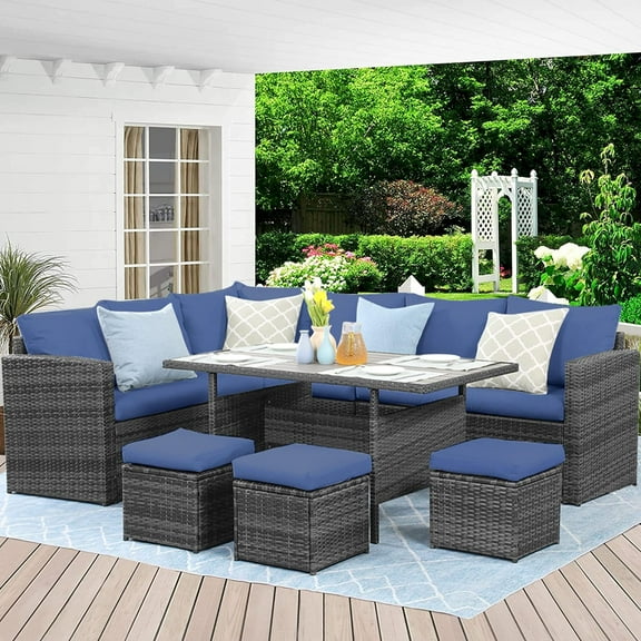 CozyHom 7 Pcs Outdoor Patio Wicker Dining Furniture Sofa Sets, Rattan Conversation Sectional Couch Set with Table and Ottomans, Blue