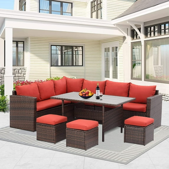 CozyHom 7 Pcs Outdoor Patio Wicker Sectional Sofa Furniture Set, Seating Dining Sets All Weather Rattan Conversation Set With Table&Ottoman, Red