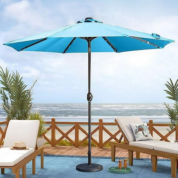 CozyHom 9ft Outdoor Patio Market Umbrella with Solar Lights Solar Powered LED, Lake & Deck Umbrella for Beach Patio Garden Deck Crank Tilt, Lake Blue