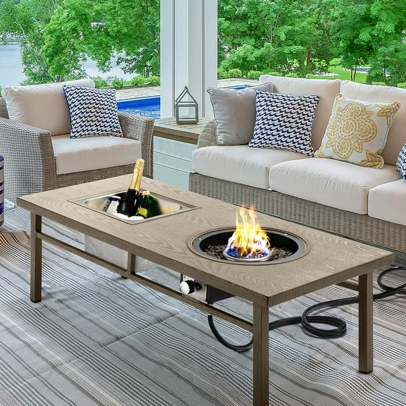 CozyHom Aluminum Propane Fire Pit Table, 47" 50,000 Btu Multifunctional Fire Table , 4.5 Gallons Ice Bucket Lava Rocks, 3-In-1 Coffee Table For Outdoor Patio, Khaki